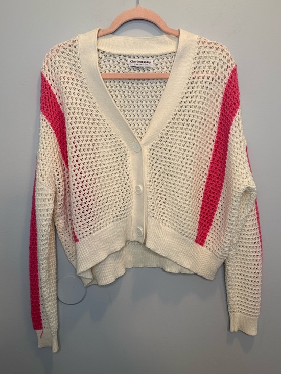Anthropologie Sweaters - Anthropologie Charlie Holiday Cream Open Knit Cardigan with Bright Pink Stripes